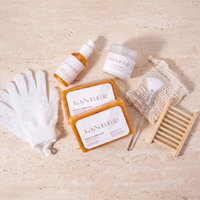 Turmeric Fade and Glow Bundle flat lay on a bathroom counter